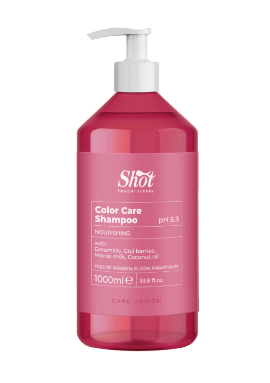 Shot szampon z serii Color Care w Hurtowni Klara Beauty do włosów farbowanych o pojemności 1000 ml i pH 5.3 butelka w kolorze czerwonym na białym tle.png