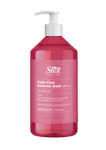 Shot Color Care maska 1000ml pH 4.3 - do włosów farbowanych i po zabiegach fryzjerskich. Profesjonalna maska z serii Color Care dostępna w hurtowni Klara Beauty. Butelka w kolorze czerwonym na białym tle.