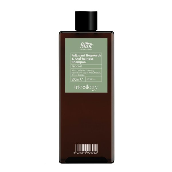 Shot Ergovit Tricoilogy szampon przeciw wypadaniu 500ml. Profesjonalny, trychologiczny  szampon delikatny dla skóry głowy i bez SLS w hurtowni Klara Beauty. Produkt w brązowej butelce z jasno zieloną etykietą.