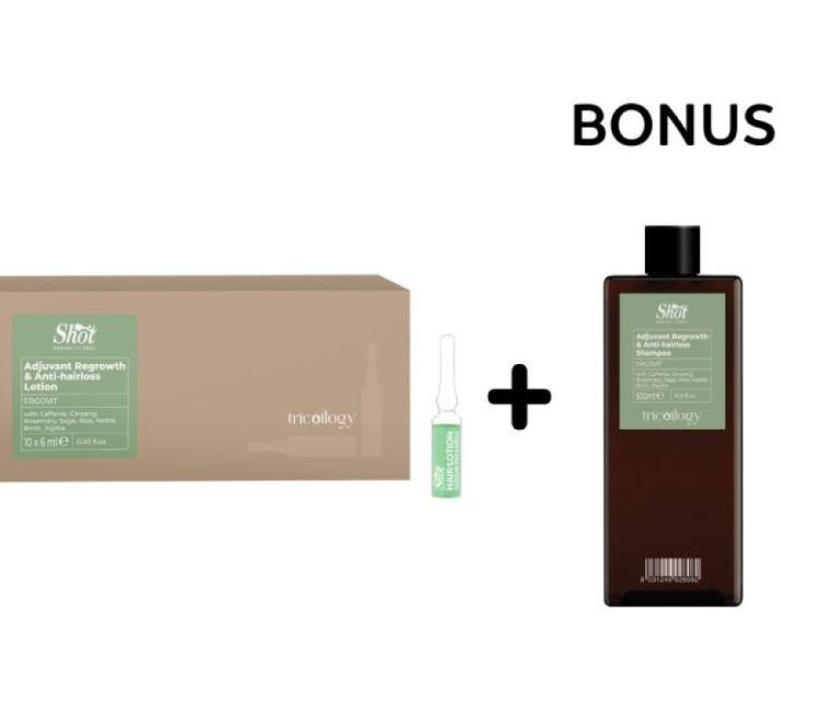 Shot Ergovit Tricoilogy zestaw przeciw wypadaniu szampon 500ml+ ampułki 10x6ml w hurtowni Klara Beauty. Profesjonalny, trychologiczny  szampon delikatny dla skóry głowy i bez SLS i ampułki stymulujące wzrost włosów.