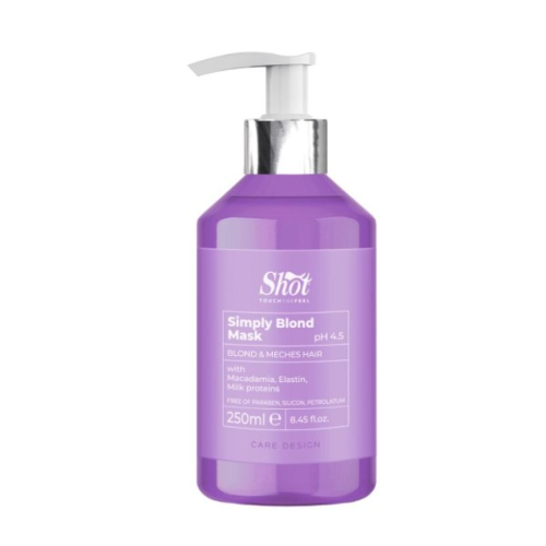 Shot Simply Blond maska 250 ml pH 4.5 - do włosów blond, rozjaśnianych i z pasemkami. Profesjonalna maska z serii Simply Blond dostępna w hurtowni Klara Beauty. Butelka w kolorze fioletowym na białym tle.