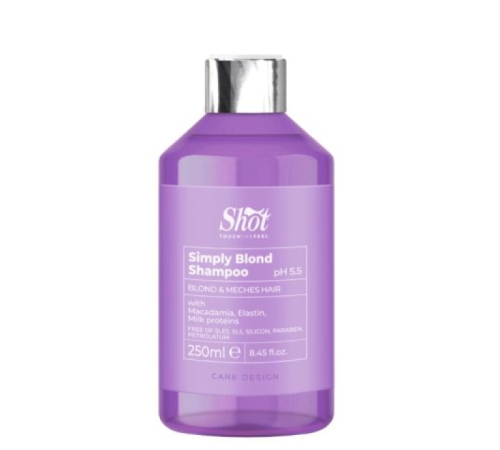 Shot Simply Blond szampon w Hurtowni Klara Beauty o pojemności 250 ml i pH 5.5 do pielęgnacji włosów blond. Produkt jest w fioletowej butelce na białym tle. Szampon polecamy również do włosów suchych i znisczonych.