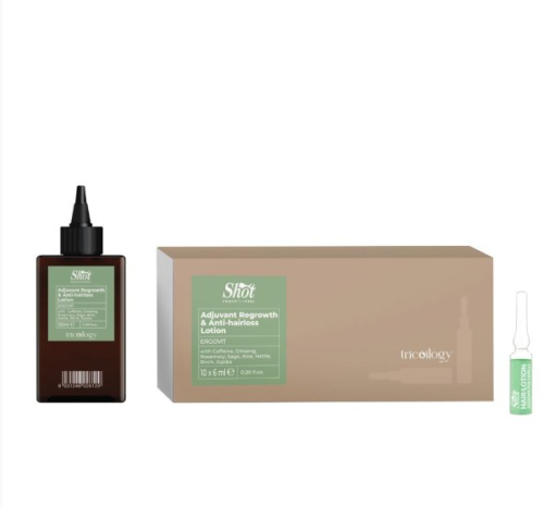 Shot Ergovit Tricoilogy zestaw lotion przeciw wypadaniu 100ml+ ampułki 10x6ml w hurtowni Klara Beauty. Profesjonalny, trychologiczny lotion delikatny dla skóry głowy i bez SLS i ampułki stymulujące wzrost włosów.