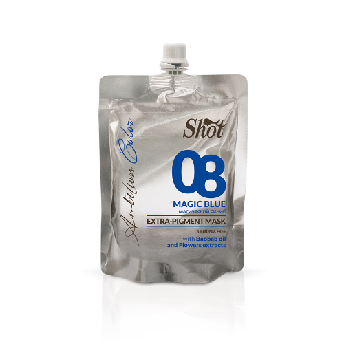 Shot Ambition Color maska extra pigment Magic Blue 08 - maska koloryzująca niebieska 200ml w hurtowni Klara Beauty. Maskę można stosować jako półtrwałą koloryzację lub do tonowania i niwelowania niechcianych refleksów.