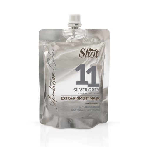 Shot Ambition Color maska extra pigment Silver Grey 11 srebrna 200ml w hurtowni Klara Beauty. Maskę można stosować jako półtrwałą koloryzację lub do tonowania i niwelowania niechcianych refleksów.