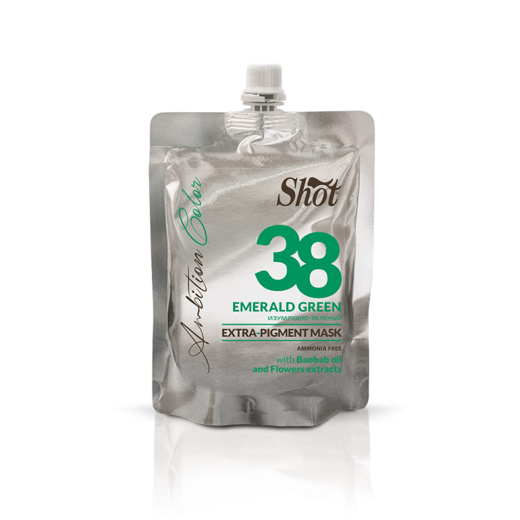 Shot Ambition Color maska extra pigment Emerald Green 38 - maska koloryzująca kolor szmaragdowy 200ml w hurtowni Klara Beauty. Maskę można stosować jako półtrwałą koloryzację lub do tonowania i niwelowania niechcianych refleksów.