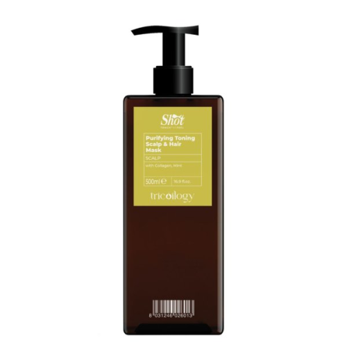Shot Purifying Toning Scalp Tricoilogy maska nawilżająca i odświeżająca skórę głowy i włosy 500ml. Profesjonalna, trychologiczna maska do skóry głowy i włosów i bez SLS w hurtowni Klara Beauty. Produkt w brązowej butelce i jasno.png