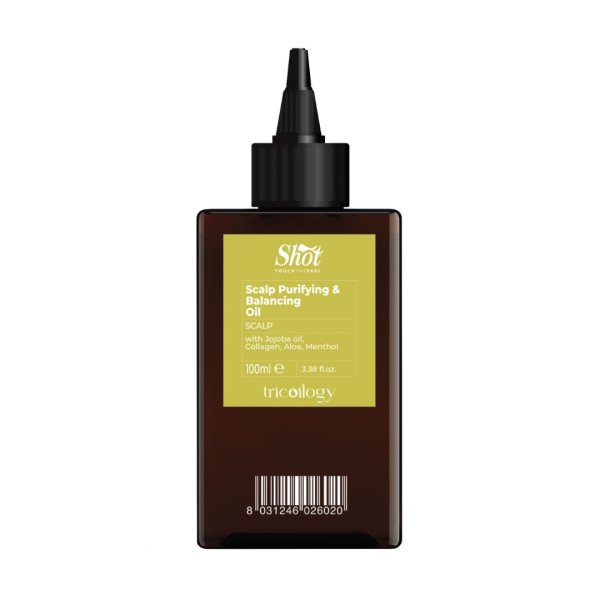 Shot Scalp Purifying and Balancing Oil Tricoilogy olejek do skóry głowy 100ml. Profesjonalny trychologiczny leczniczy olejek do skóry głowy  bez SLS w hurtowni Klara Beauty. Produkt w brązowej butelce i jasno.png